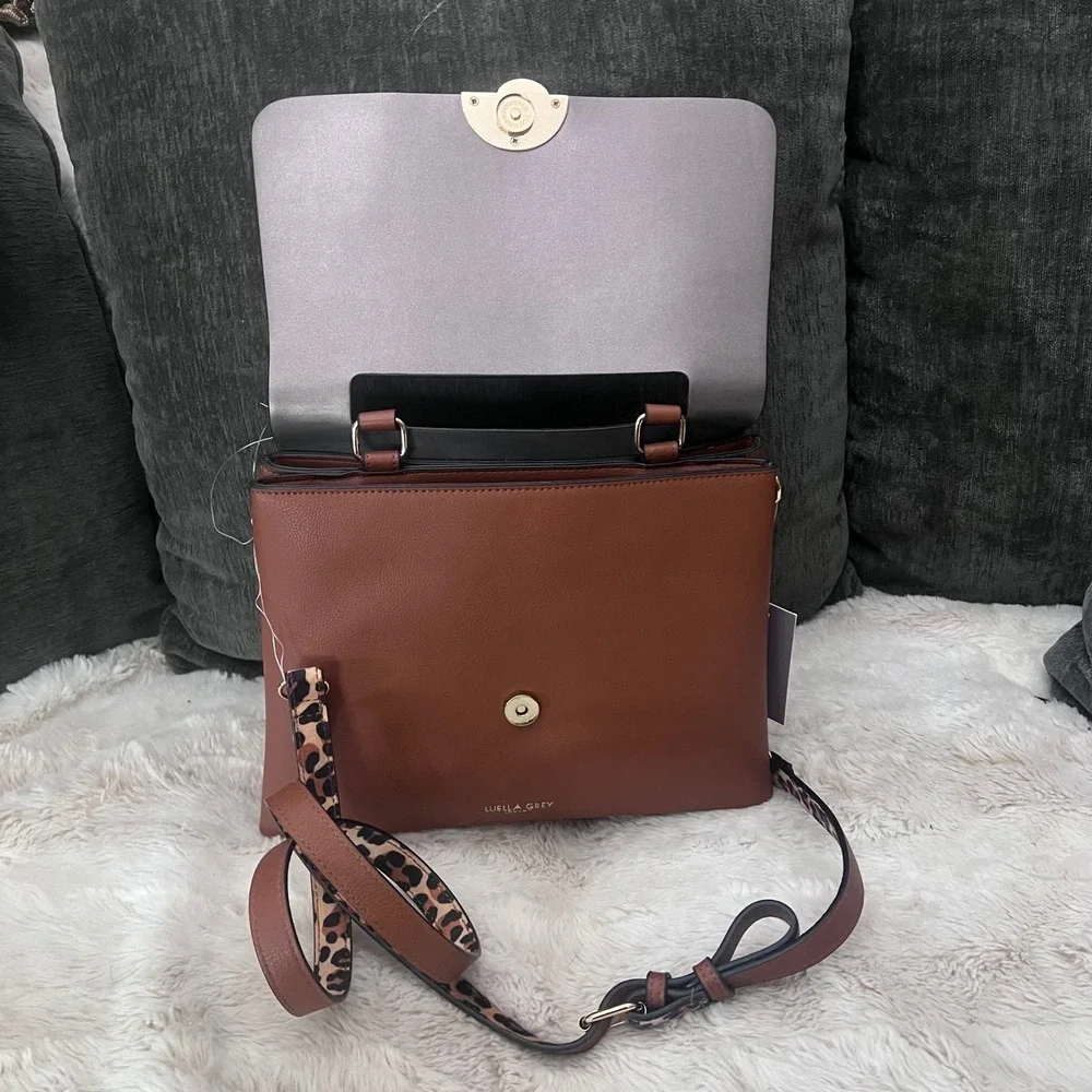 Luella Grey London Brown Mixed Media Satchel Bag Vegan Leather Leopard Strap NEW